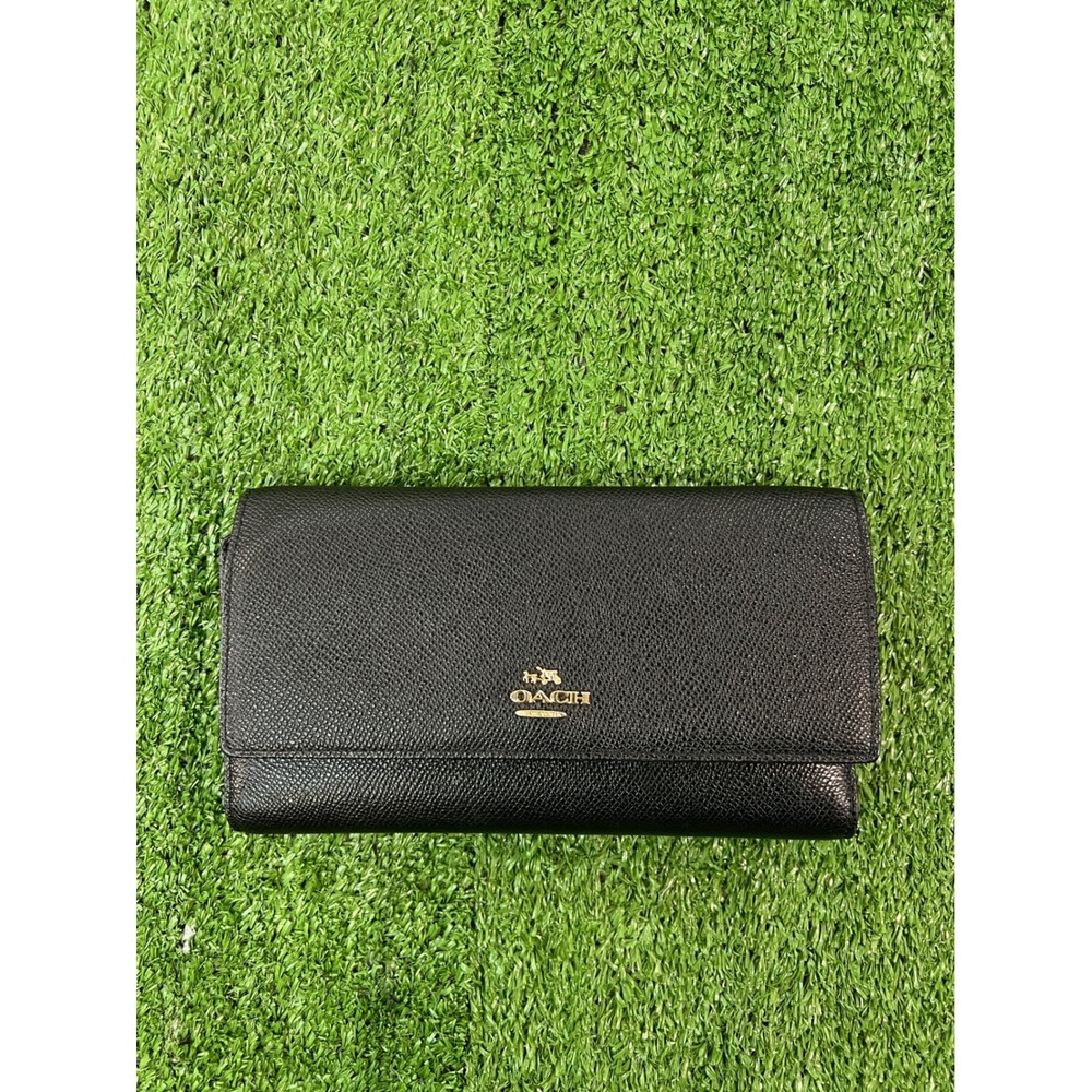 Coach Black Crossgrain Leather Tri-fold Floral Interior Wallet Gold Logo